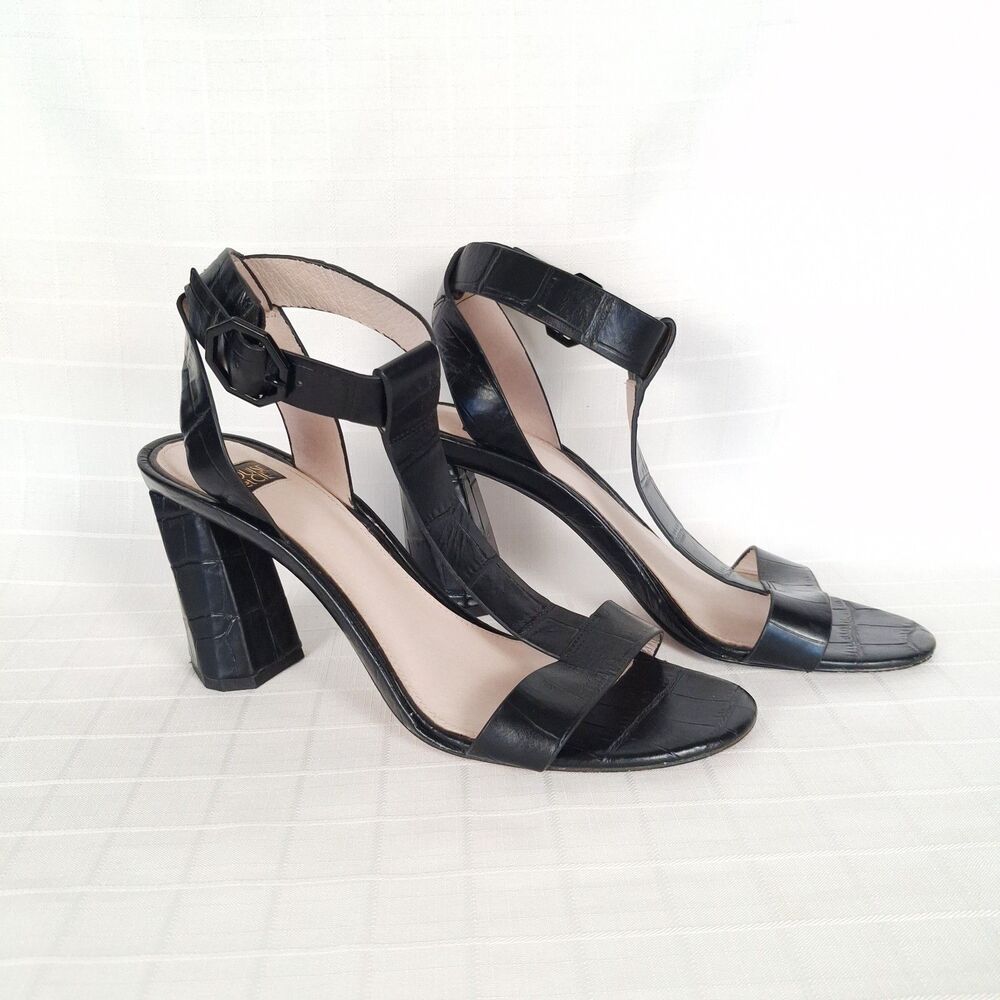 Louise et Cie Nalah Black Croc Embossed T-Strap Block Heel Sandals Size 9.5 M